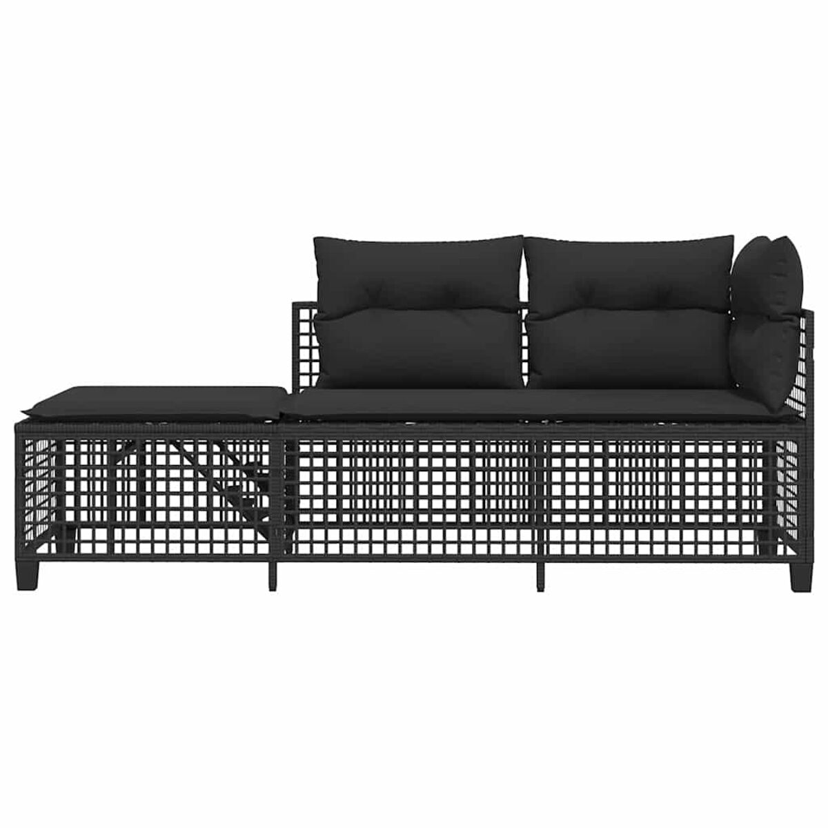 Divano esterno in vimini nero con cuscini neri. Design quadrato, sfondo bianco.