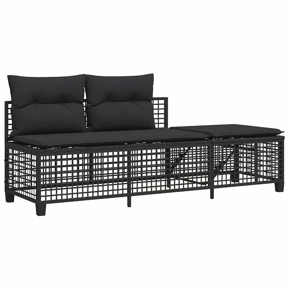 Divano con struttura in metallo nero e cuscini neri. Include un tavolino. Sfondo bianco.