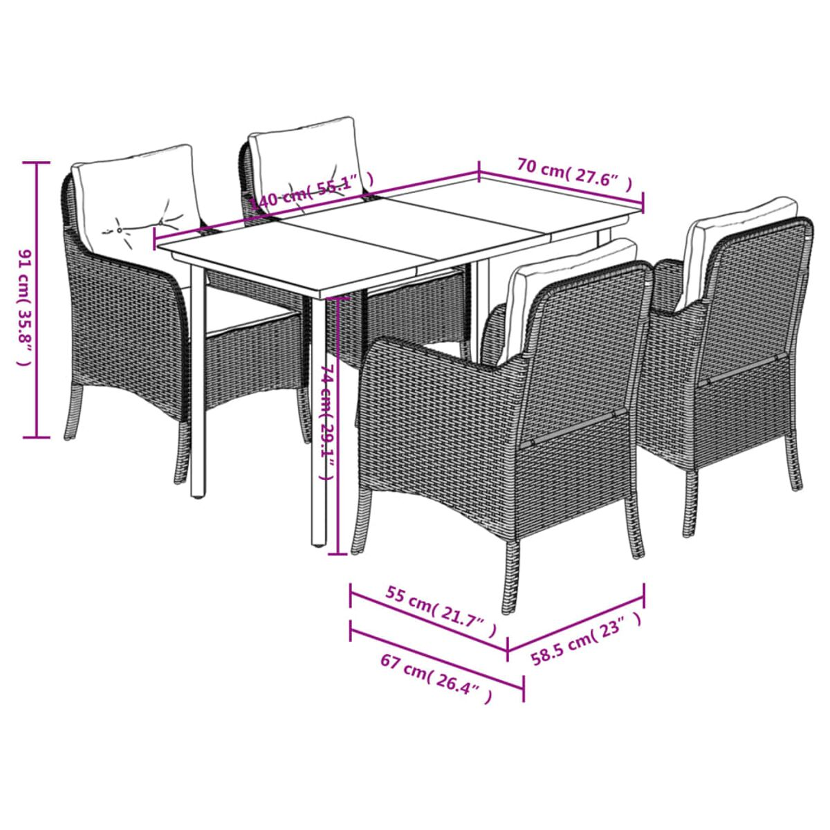 Rattan-Ess-Set mit Tisch und vier Stühlen. Abmessungen sichtbar.