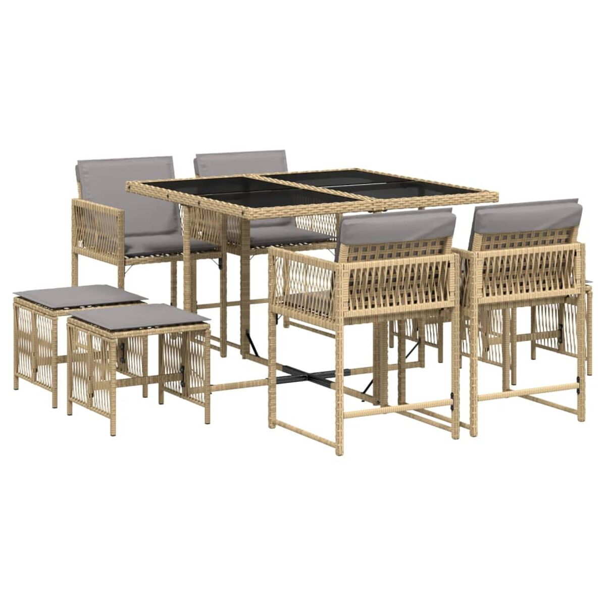 Set da pranzo all'aperto con un tavolo, sei sedie e due sgabelli. Il set ha telai in vimini beige e cuscini grigi.