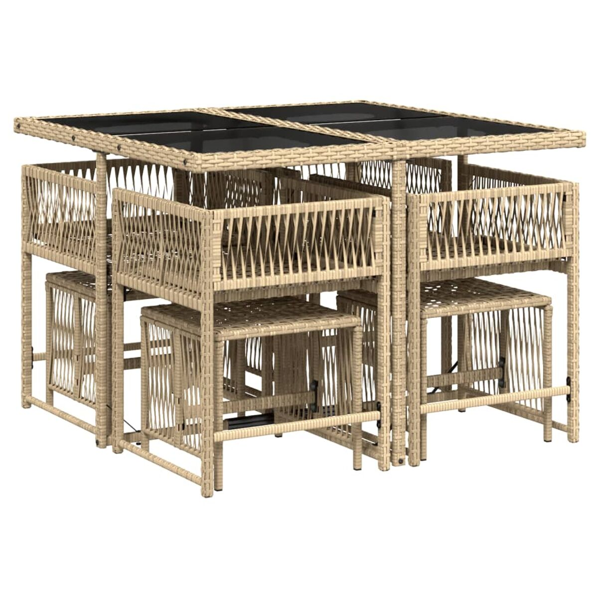 Set tavolo in vimini beige con sedie. Piano in vetro nero. Sfondo bianco. Tavolo e sedie disposti.