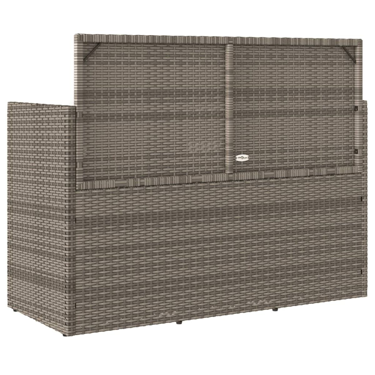 Graue Rattan-Aufbewahrungsbox mit Klappdeckel. Für den Außenbereich.