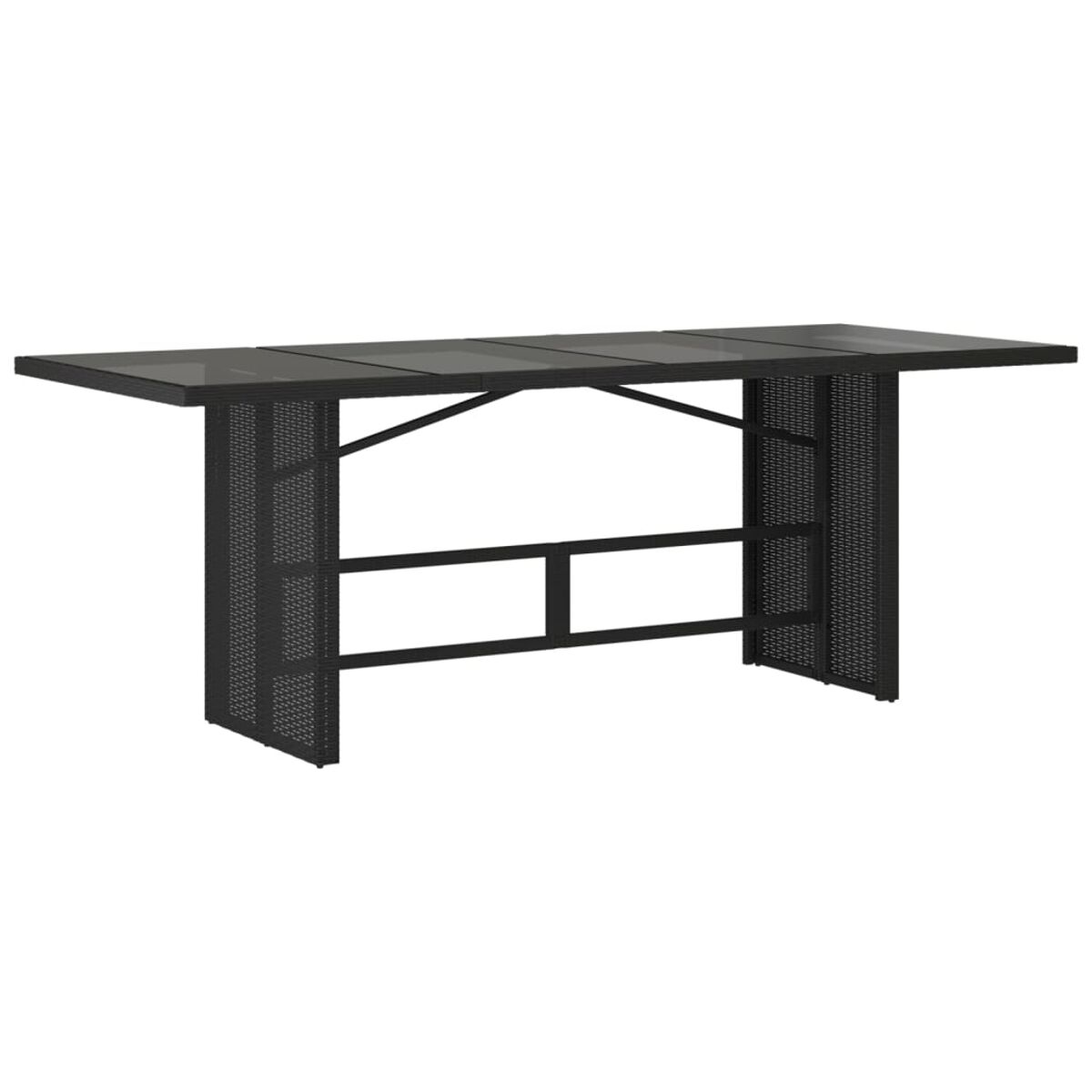 Schwarzer Rattan-Bartisch mit Glasplatte. Metallrahmen sichtbar. Weißer Hintergrund.