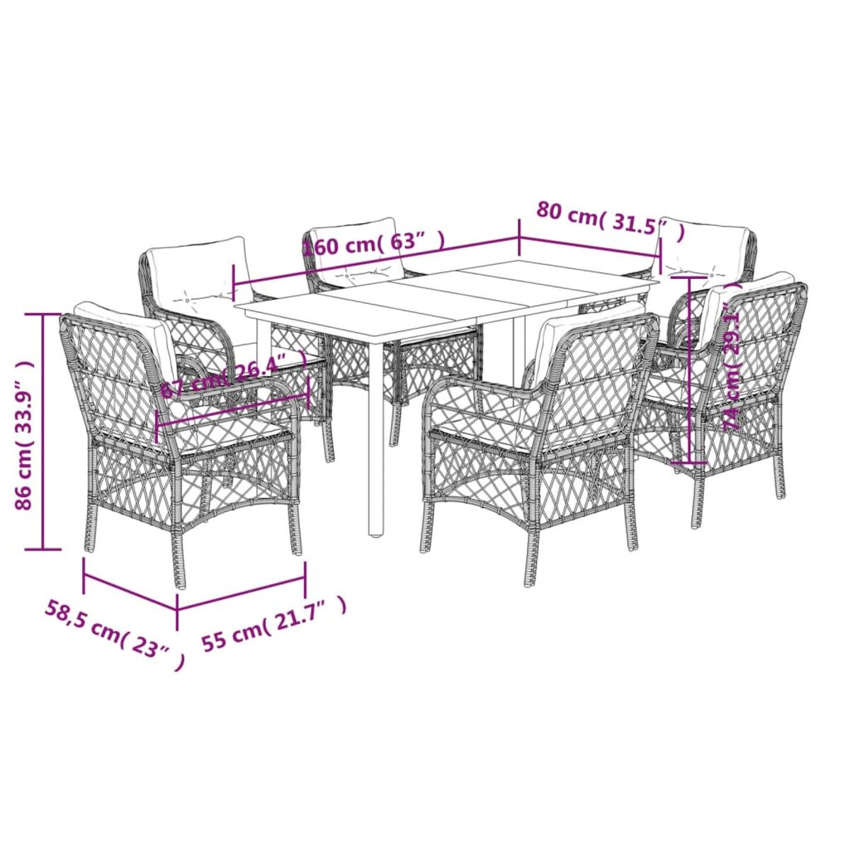 Diagramm der Abmessungen des Esssets im Freien. Rechteckiger Tisch, sechs Stühle, Maße in cm. Weißer Hintergrund.