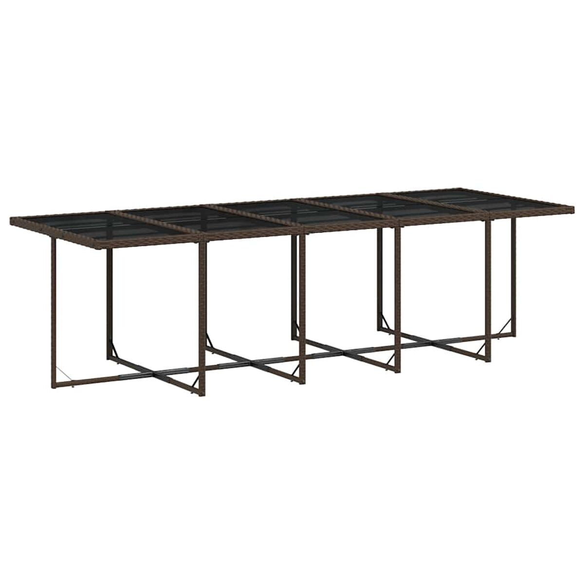 Tavolo lungo da esterno con piano scuro e struttura marrone, con supporti incrociati. Isolato su sfondo bianco.