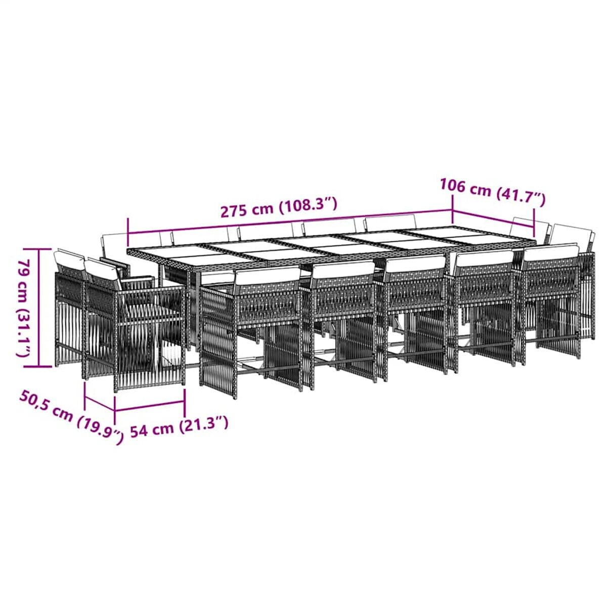 Diagramma di un set di mobili da esterno, compresi tavolo e sedie, con dimensioni in centimetri.