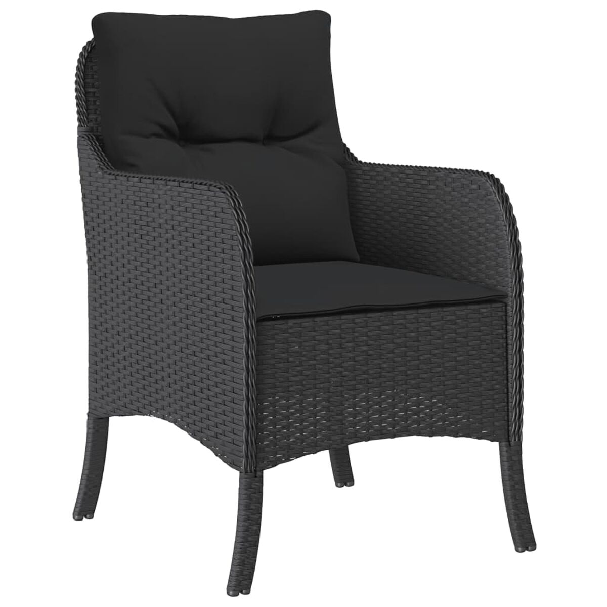 Schwarzer Rattan-Stuhl mit schwarzem Kissen und hoher Rückenlehne. Der Stuhl hat Armlehnen.