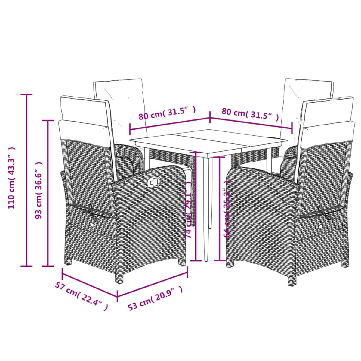 Ein Diagramm eines Rattan-Essgruppen-Sets für den Außenbereich, einschließlich Tisch und vier Stühlen, mit Abmessungen in cm und Zoll.