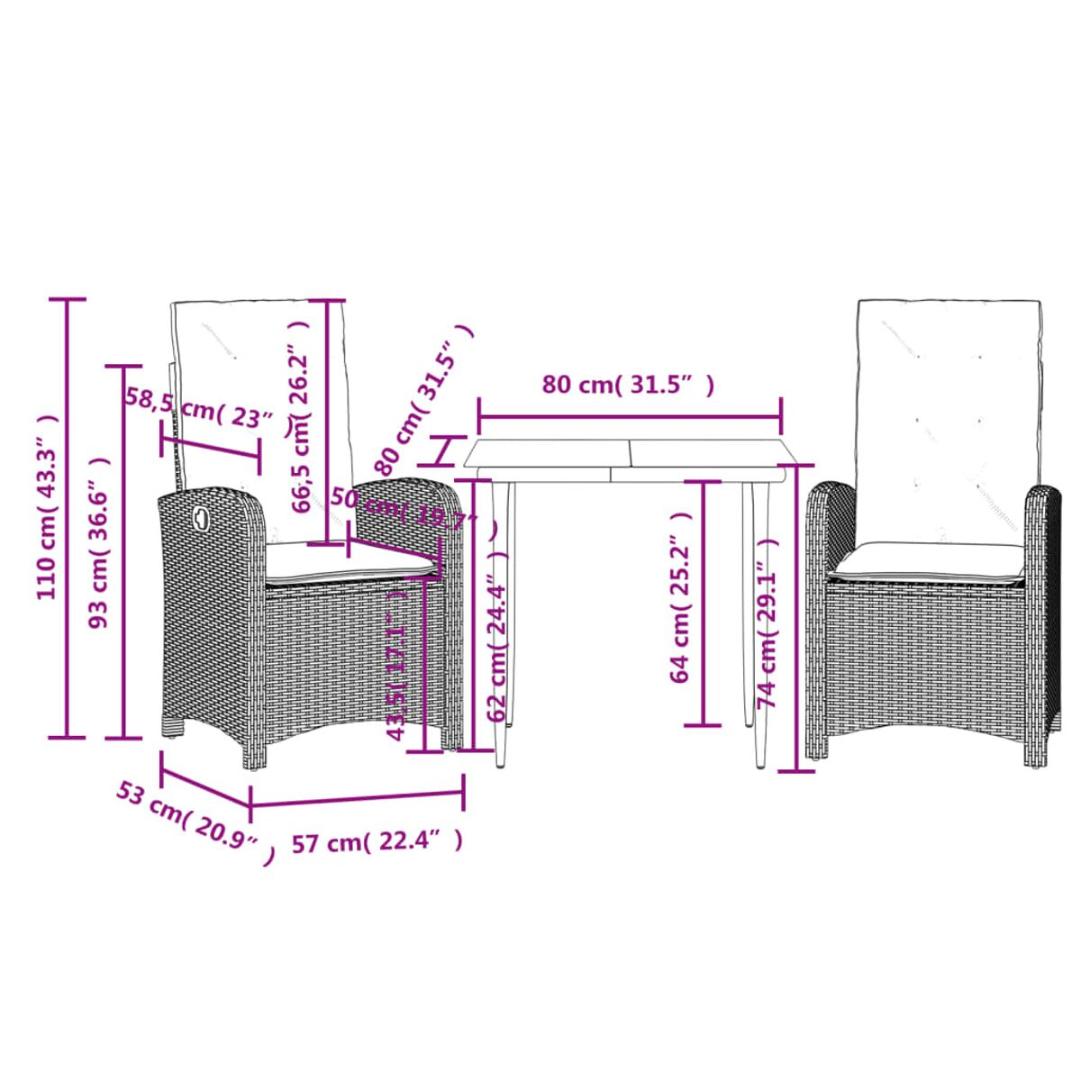 Diagramma che mostra le dimensioni di una sedia e di un tavolo. Sono presenti linee e numeri.
