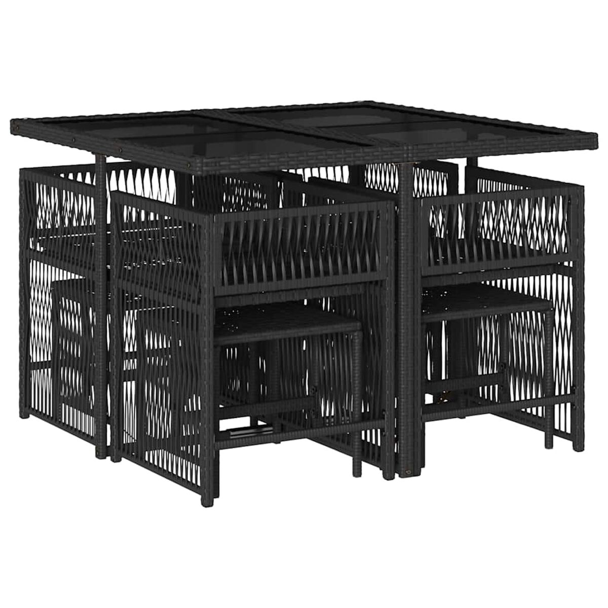 Un set da patio quadrato nero con sedie attorno al tavolo. Le sedie sono intrecciate.