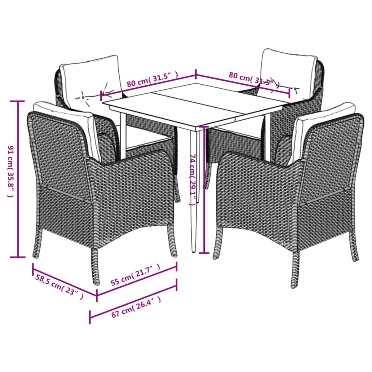 Ein quadratischer Tisch mit vier Stühlen. Der Tisch hat Abmessungen. Die Stühle haben Abmessungen. Der Hintergrund ist weiß.