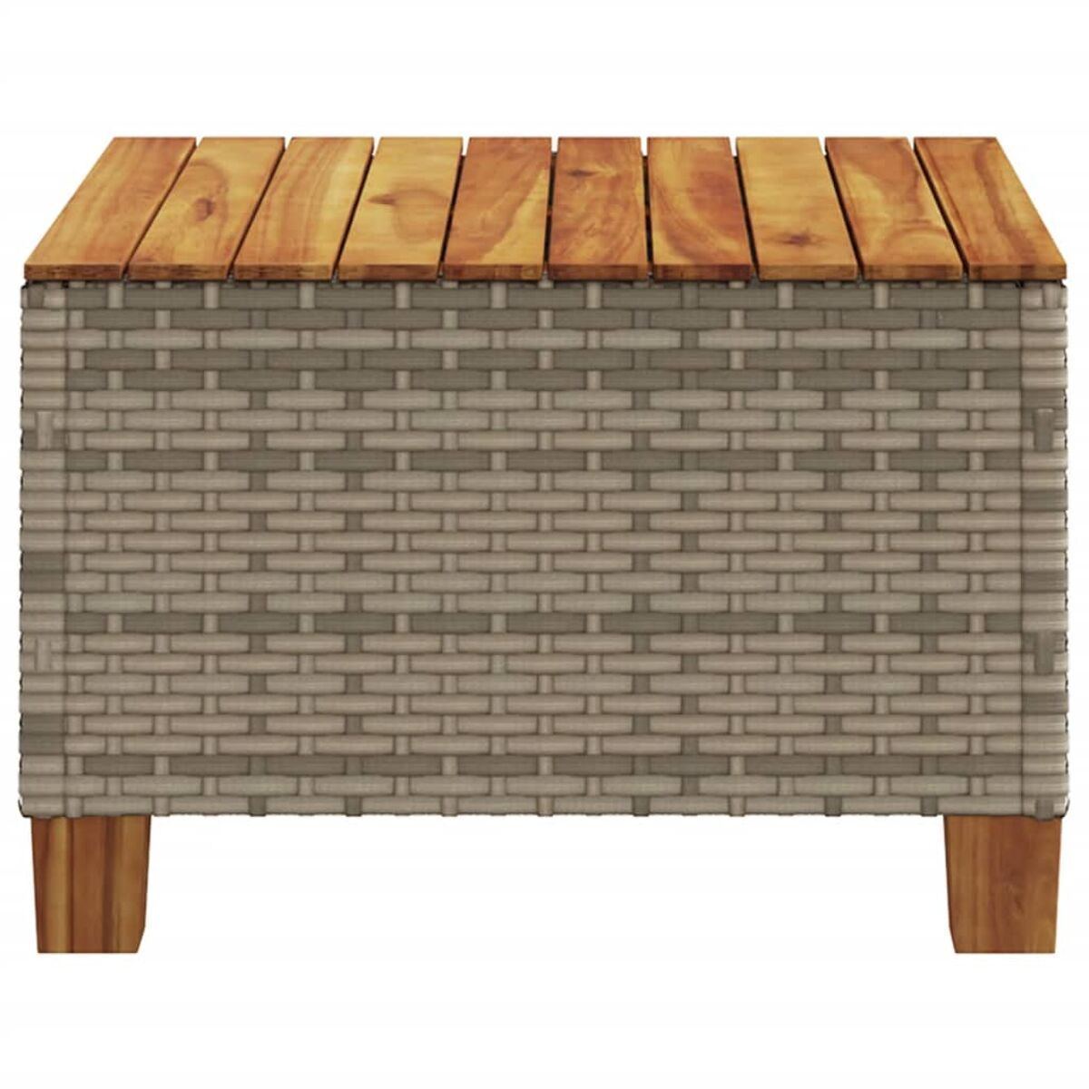 Eine kleine graue Aufbewahrungsbank aus Korbgeflecht mit einer Holzplatte. Sie hat Holzbeine.