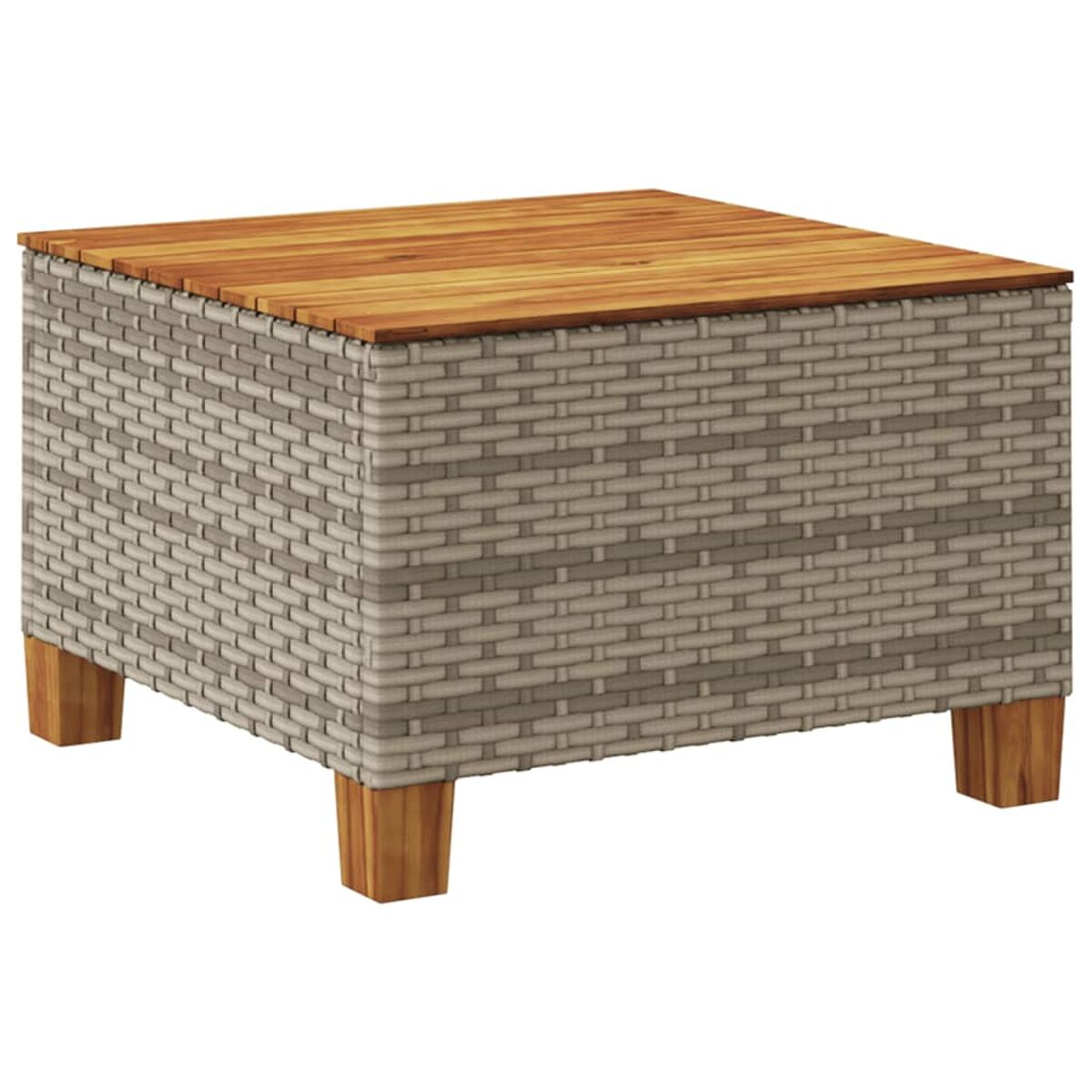 Quadratischer Korbtisch mit Holzplatte und Beinen. Hellgraues Geflecht.