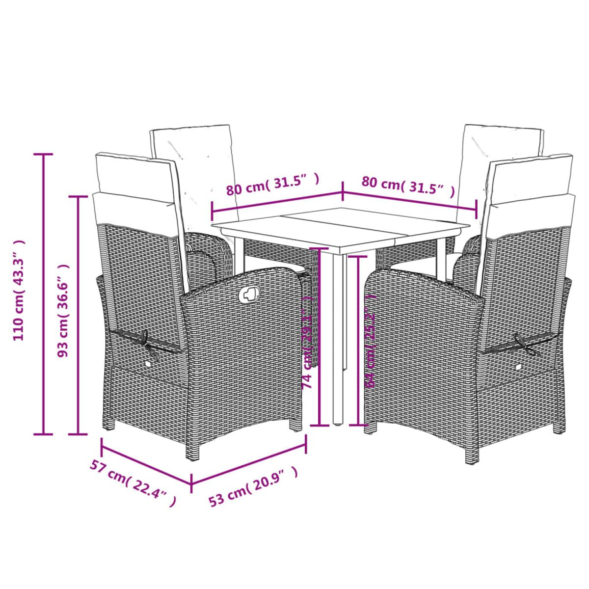 Ein Tisch- und Stuhl-Set mit Maßen. Die Stühle haben ein Korbflechtmuster.