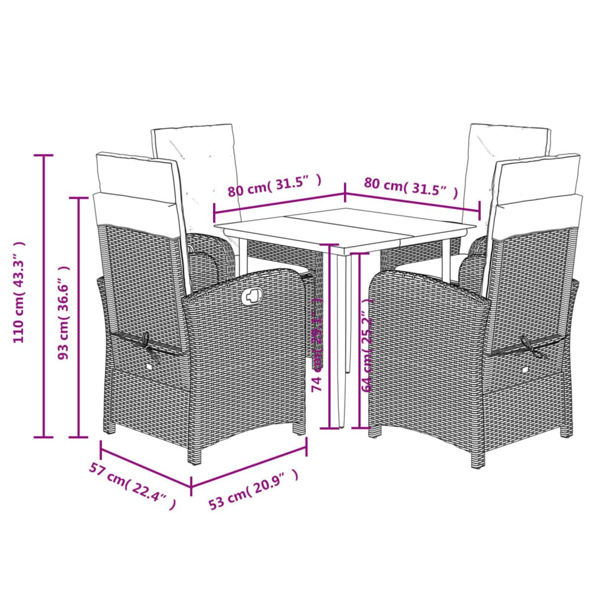 Ein Diagramm eines Esszimmersets im Freien mit 4 Stühlen und einem Tisch mit Maßen in cm und Zoll.