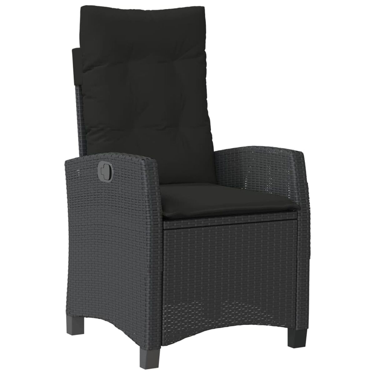 Sedia da esterno in vimini nero con cuscino nero e schienale alto.