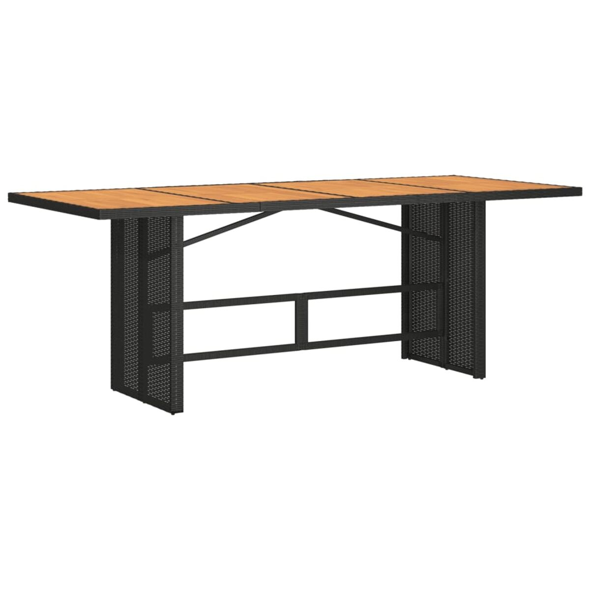 Holztisch mit schwarzem Korbgeflecht-Sockel. Er hat eine rechteckige Form.