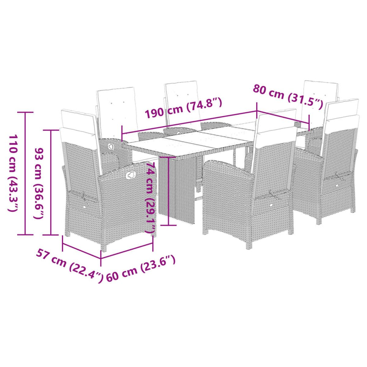 Essgruppe mit Tisch und 6 Stühlen. Abmessungen beschriftet. Die Stühle sind weiß mit Korbgeweben.