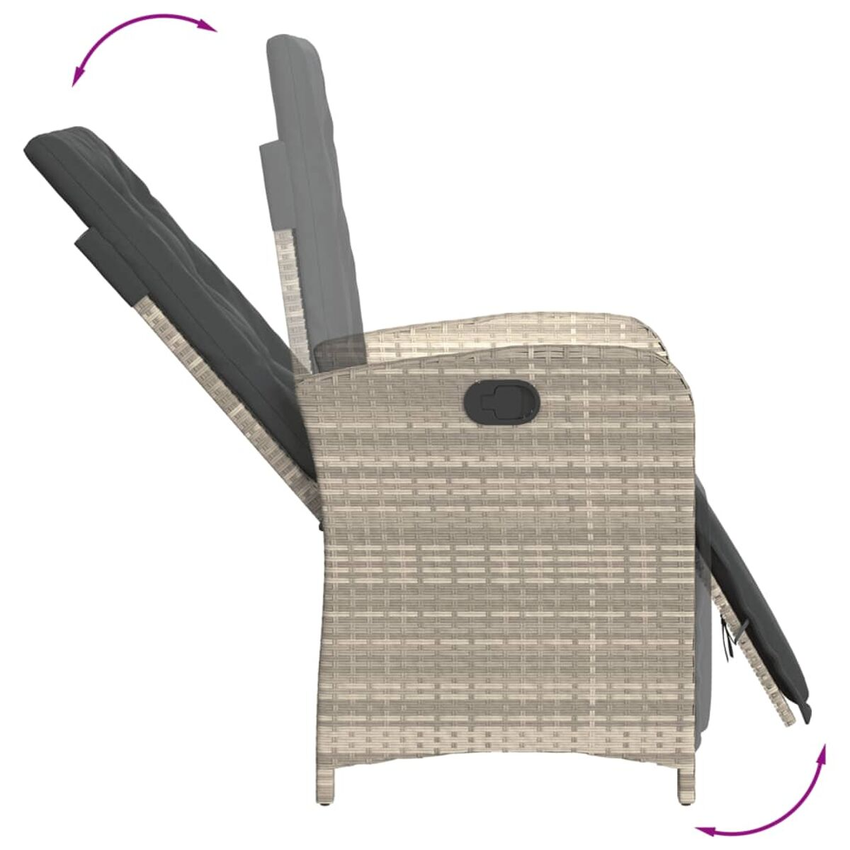 Rattan-Liegestuhl mit grauen Kissen, gezeigt in verschiedenen Liegepositionen.