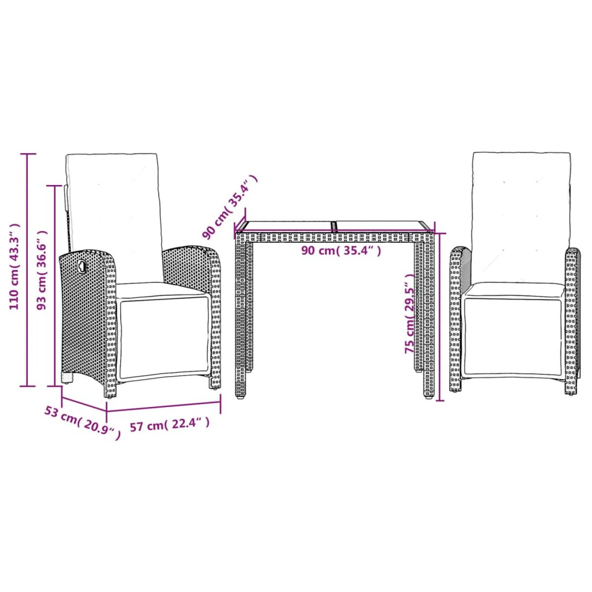 Diagramm von Gartenmöbeln. Zwei Stühle und ein Tisch, Maße sind angegeben.