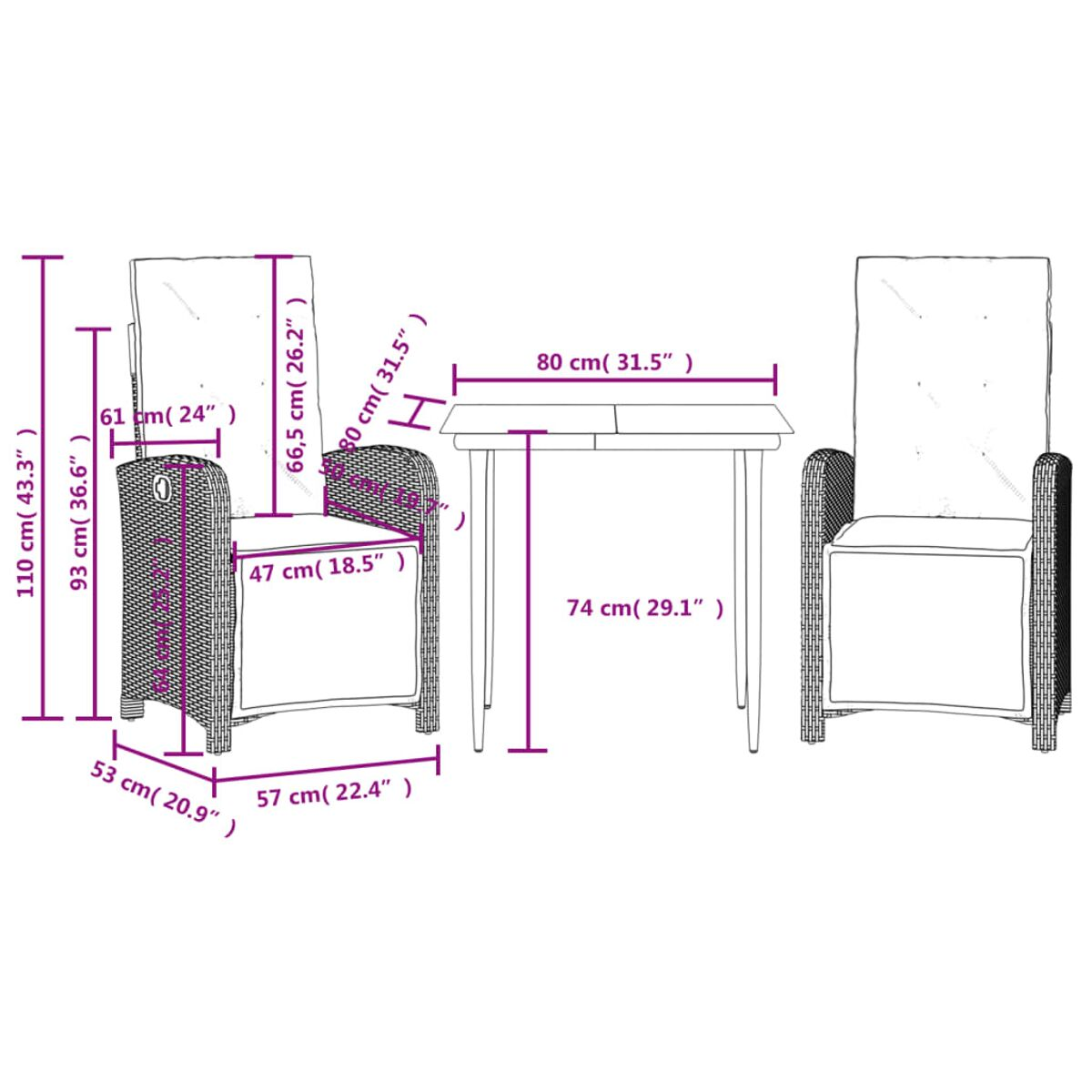 Rattan-Stuhl und Tisch-Set mit Abmessungen.
