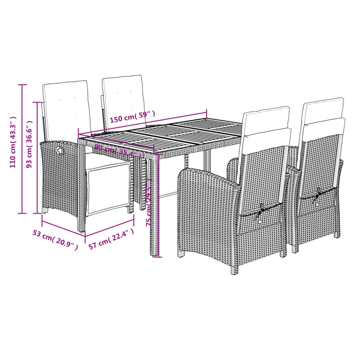 Ein Tisch mit sechs Stühlen. Der Tisch und die Stühle sind aus Rattan mit beigen Kissen.