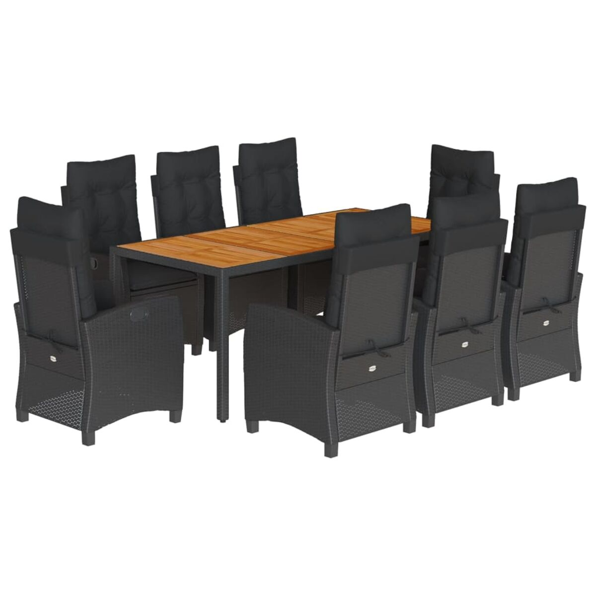 Essgruppe im Freien. Holztisch, schwarze Stühle mit schwarzen Kissen. Weißer Hintergrund.