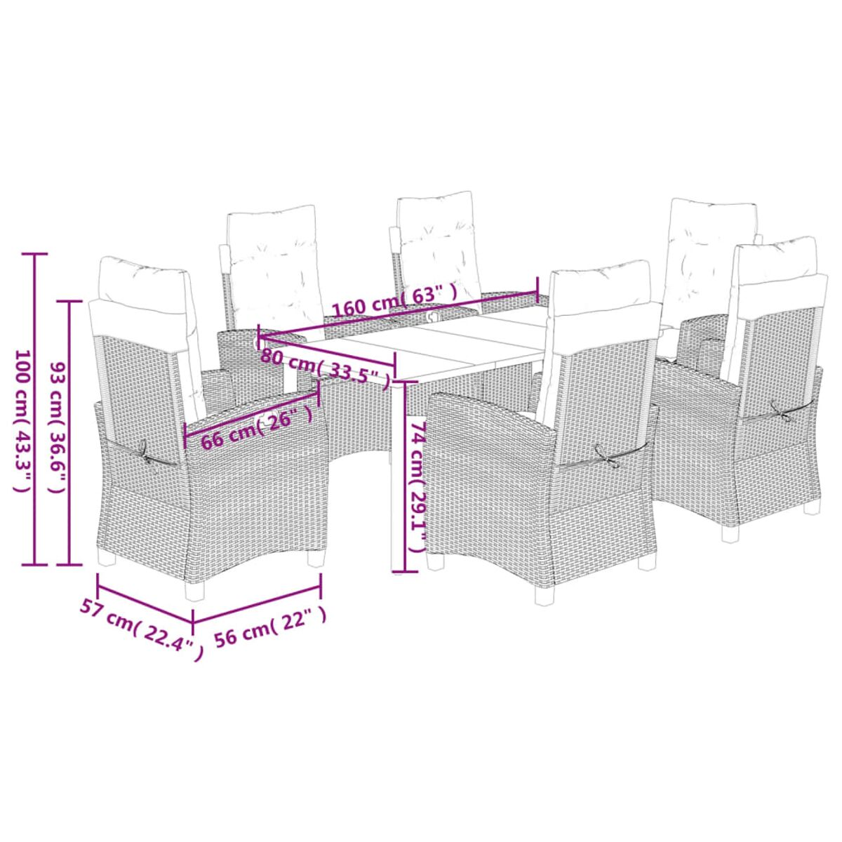 Diagramm eines Esszimmersets im Freien. Zeigt Abmessungen von Tisch und Stühlen in Zentimetern und Zoll.