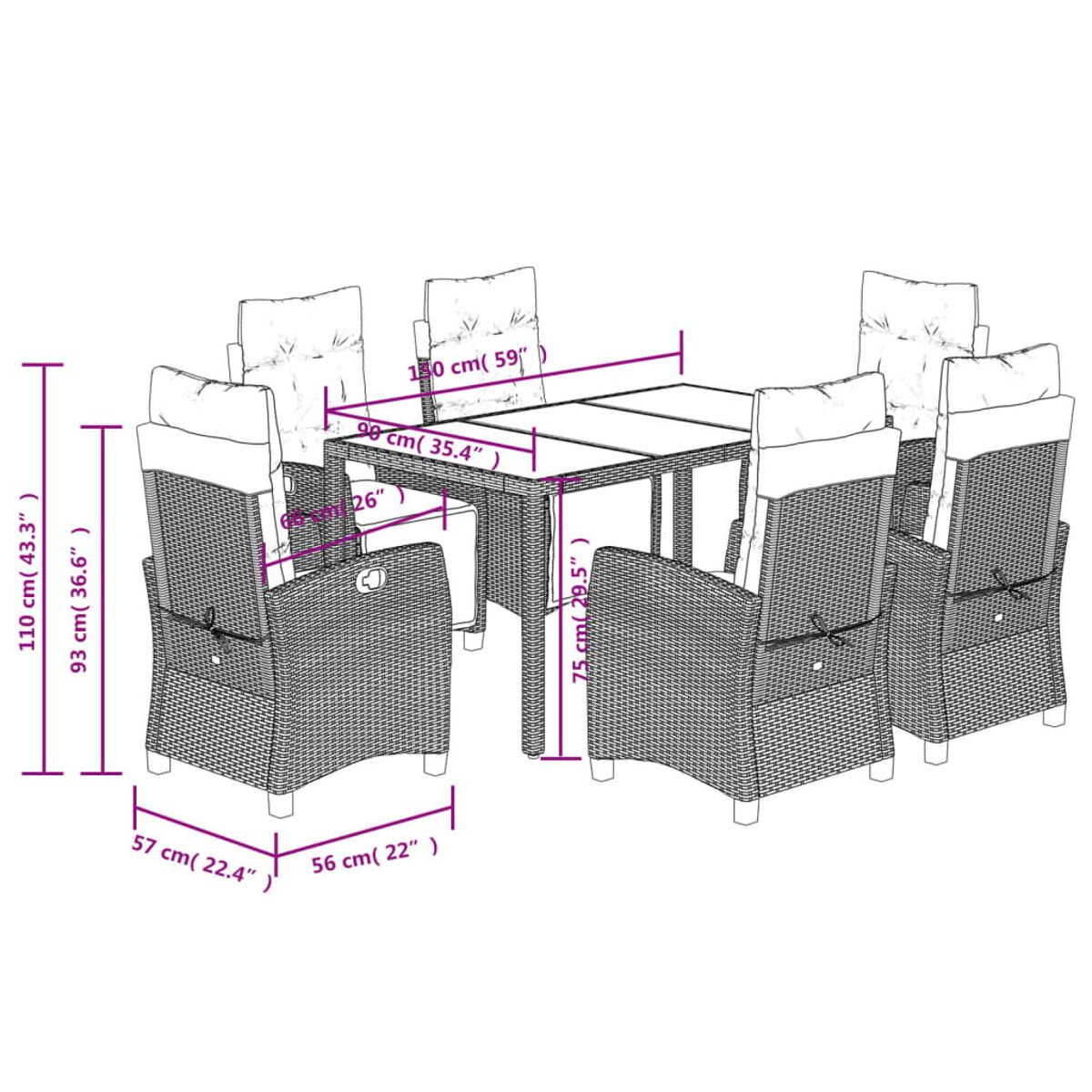Rattan-Essgruppe für draußen mit Tisch und Stühlen. Abmessungen von Tisch und Stühlen sind markiert.