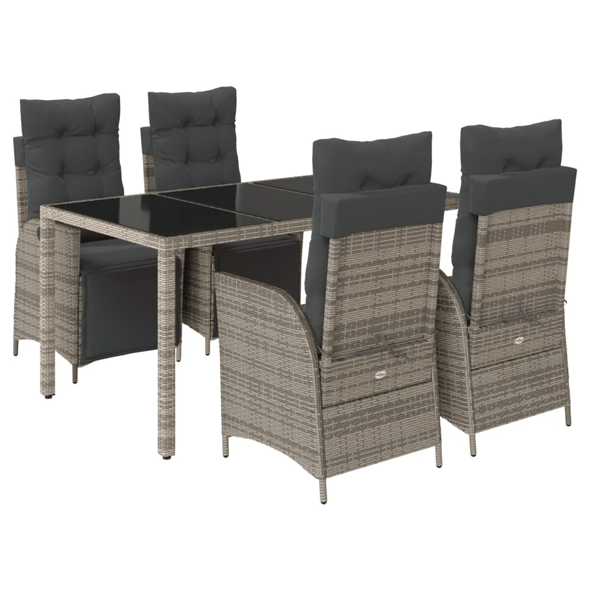 Gartenmöbel-Set aus Rattan mit Tisch und Stühlen, grauen Kissen und einer Glasplatte.