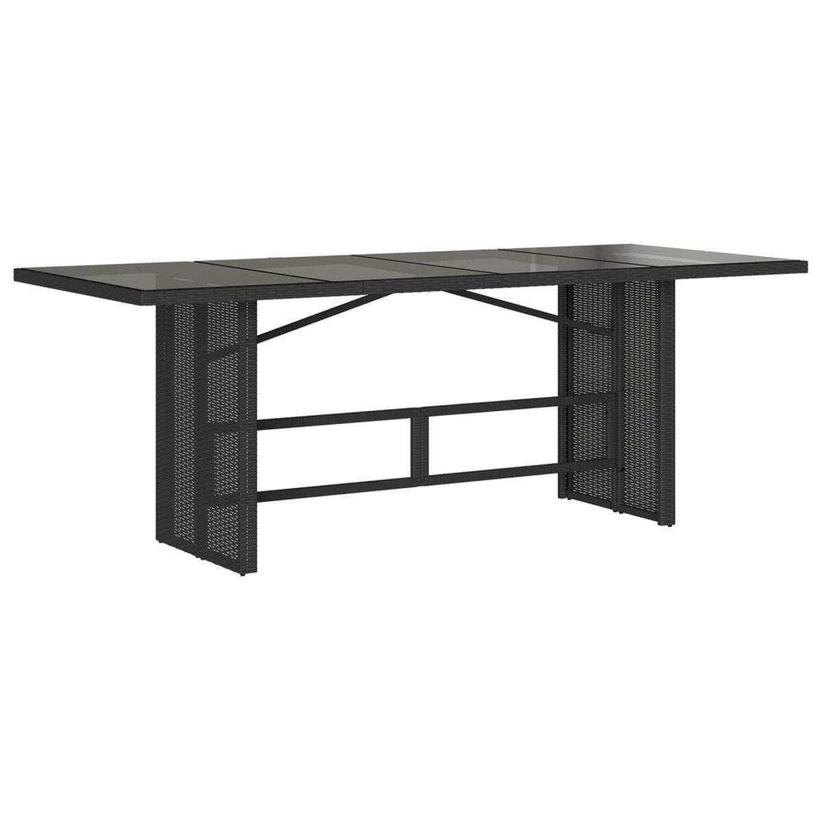 Schwarzer Outdoor-Tisch mit Lattenrost und Metallbeinen.