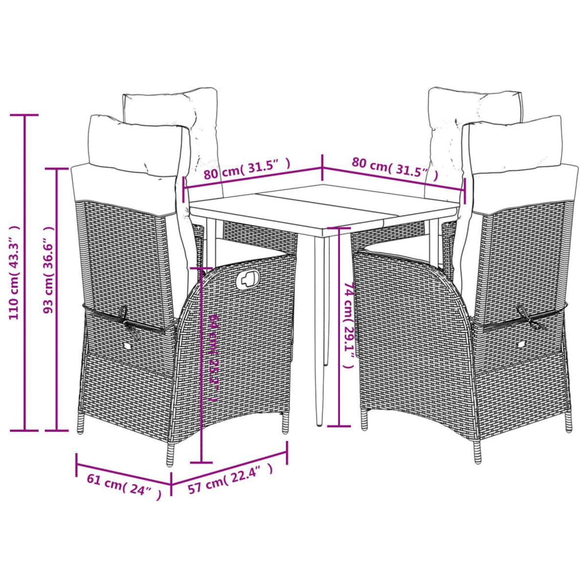 Diagramm, das ein Ess-Set veranschaulicht: Tisch, Stühle und ihre Abmessungen.