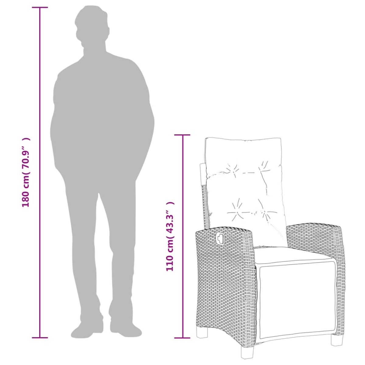 Eine Silhouette einer Person neben einem Outdoor-Stuhl. Abmessungen des Stuhls und der Person sind angegeben.
