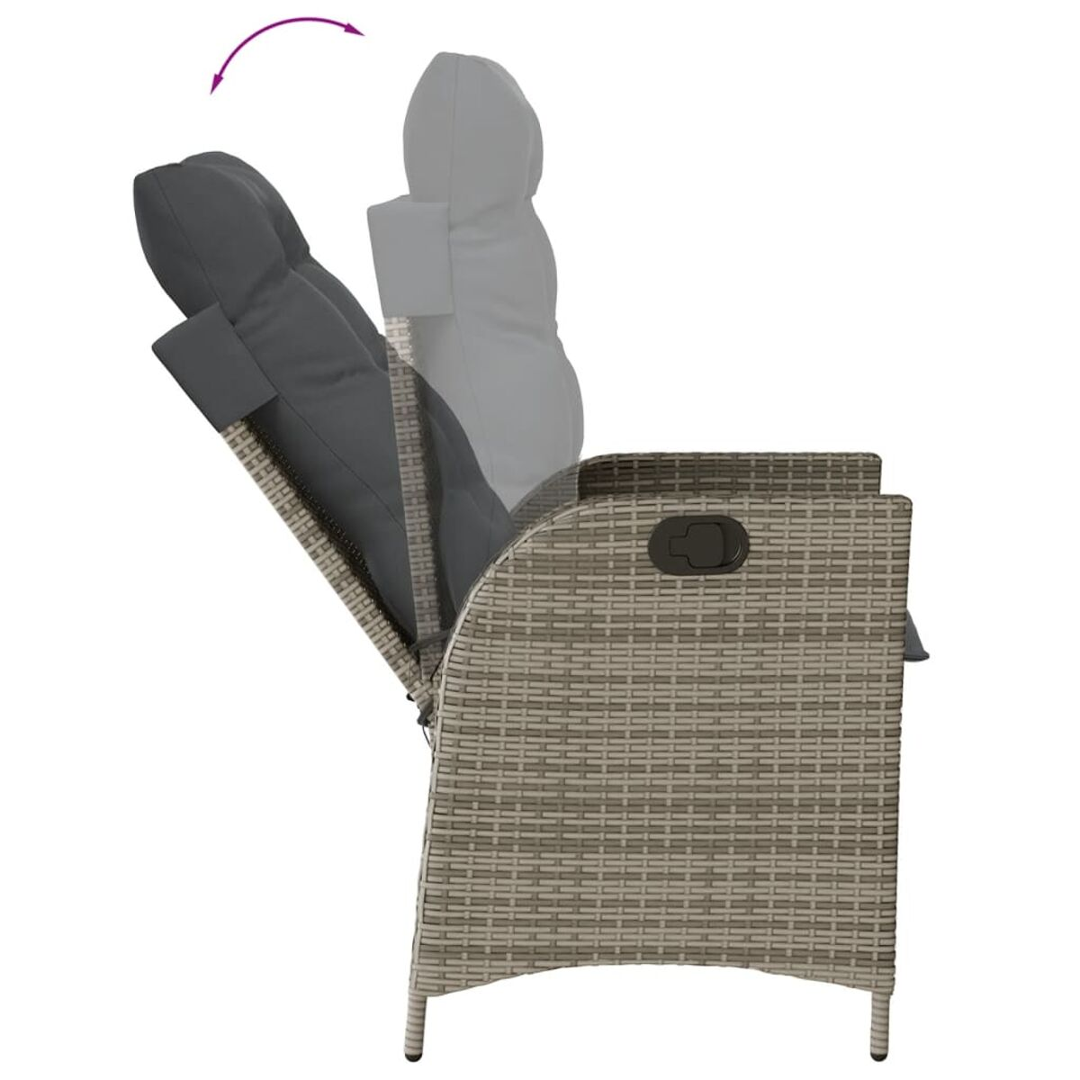 Una sedia in vimini con cuscino grigio, schienale reclinabile. La freccia mostra il movimento.