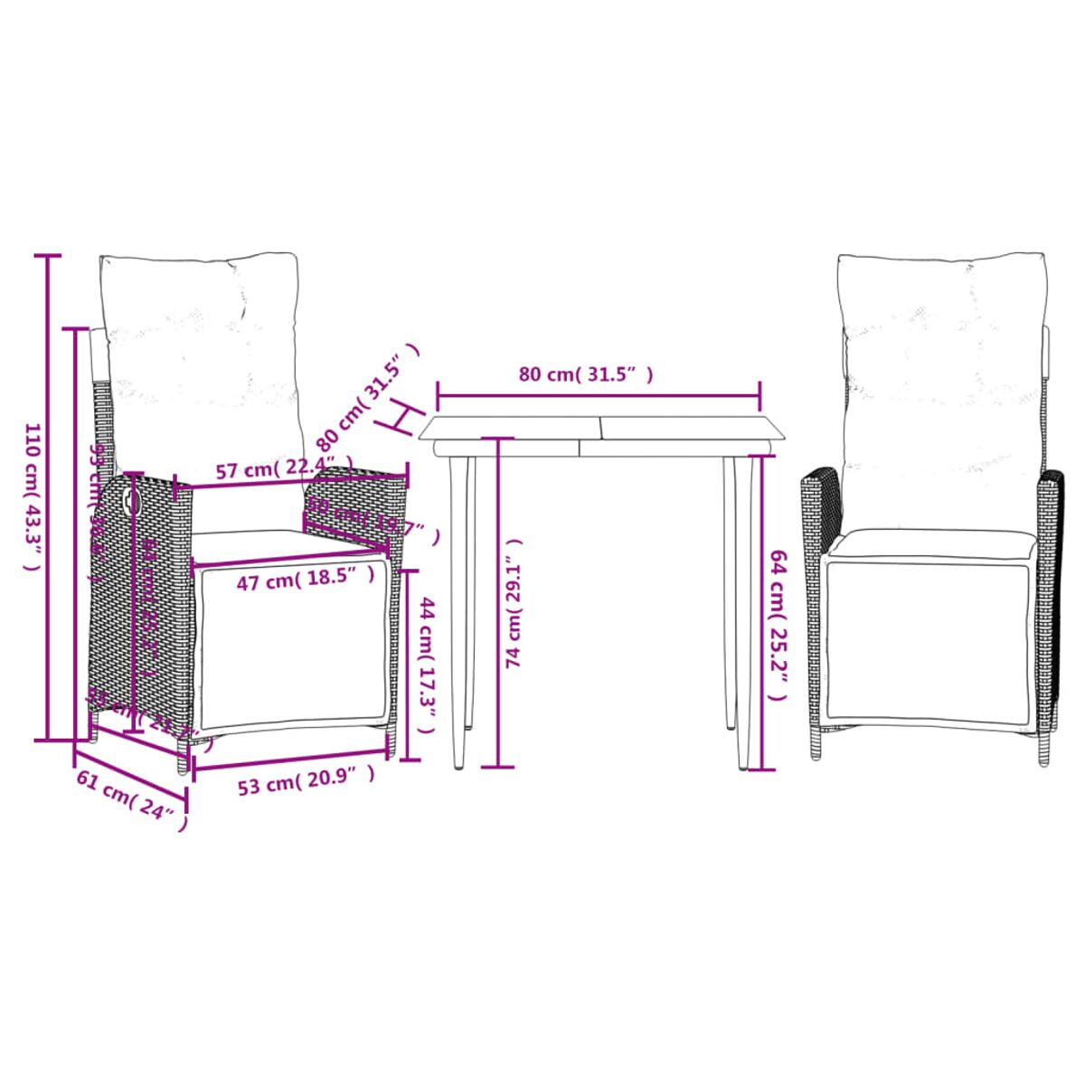 Diagramma di un set di mobili da giardino con dimensioni in cm.