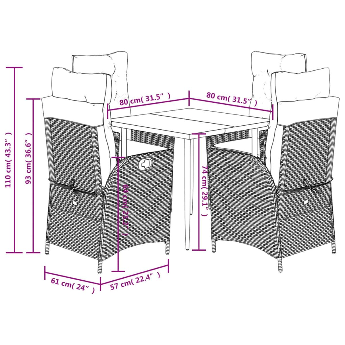 Diagramma di un tavolo e quattro sedie. Le dimensioni sono etichettate in centimetri e pollici.