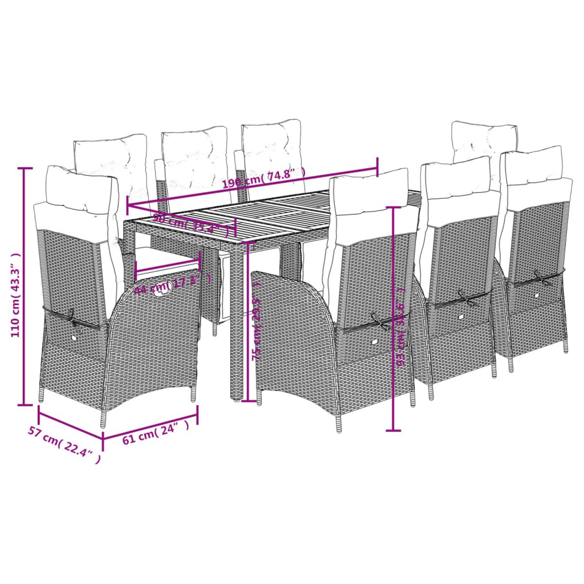 Diagramm der Essgruppe im Freien. Abmessungen des Tisches und der Stühle sind dargestellt.