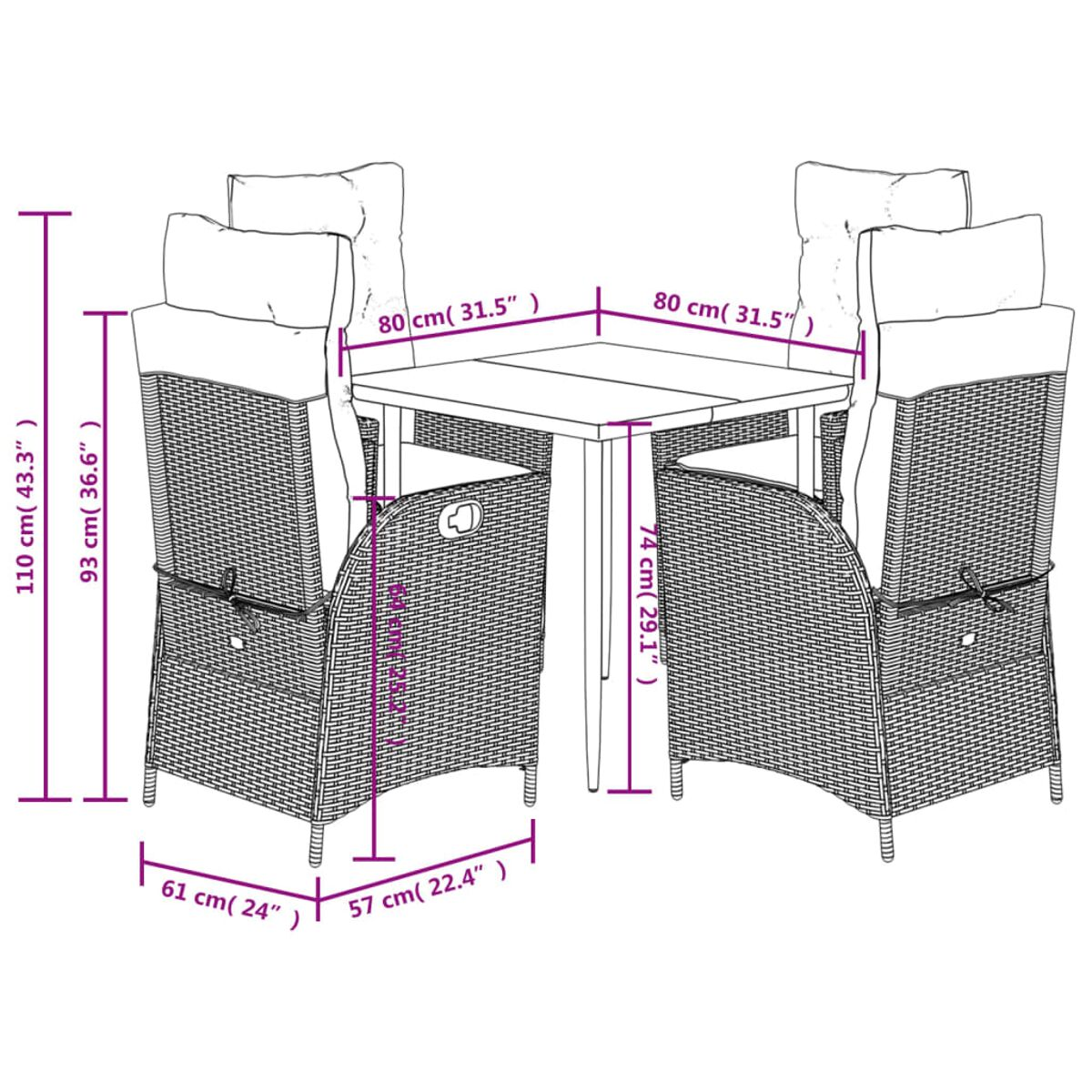 Dimensioni del set da pranzo per esterni. Tavolo e quattro sedie, stile vimini con cuscini bianchi.