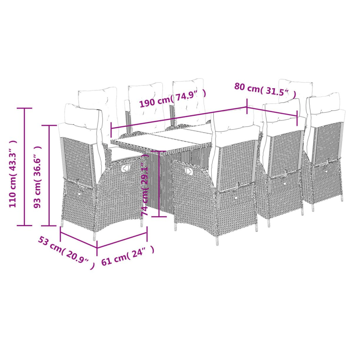 Diagramm eines Tisches und acht Stühlen. Die Abmessungen sind in Zentimetern und Zoll angegeben.