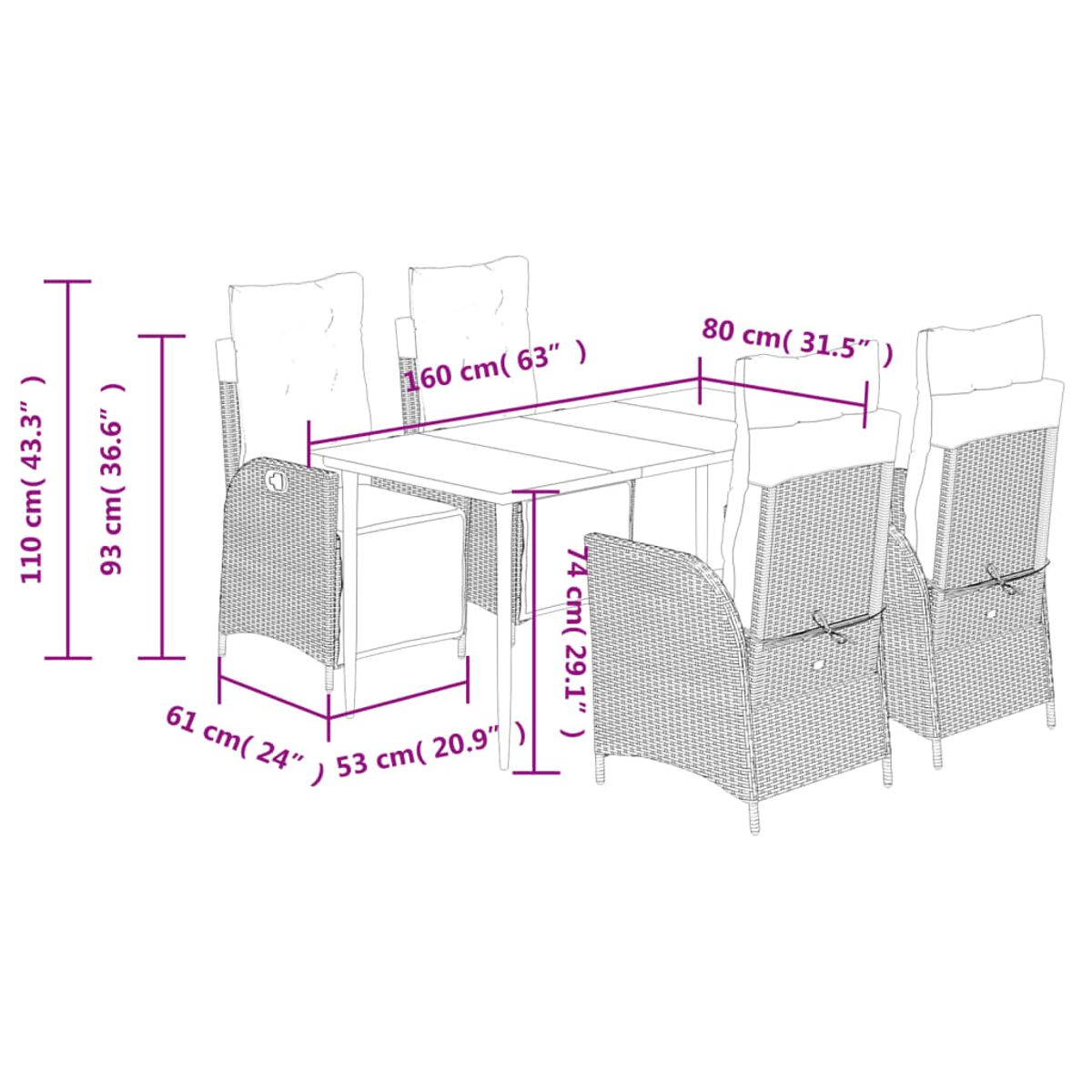 Uno sfondo bianco con un set da pranzo. Le dimensioni sono etichettate per il tavolo e le sedie.