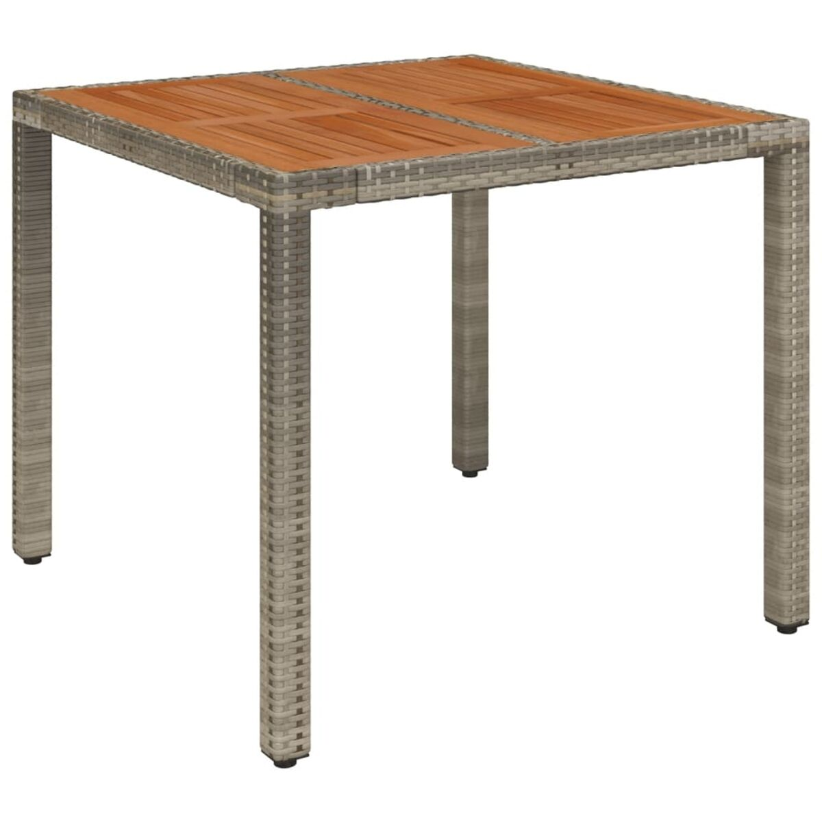 Ein quadratischer Gartentisch mit Holzoptik und grauen, gewebten Seiten, auf weißem Hintergrund.