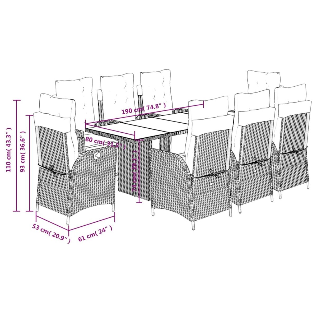 Diagramm eines großen Esssets mit Abmessungen: ein Tisch und zehn Stühle.