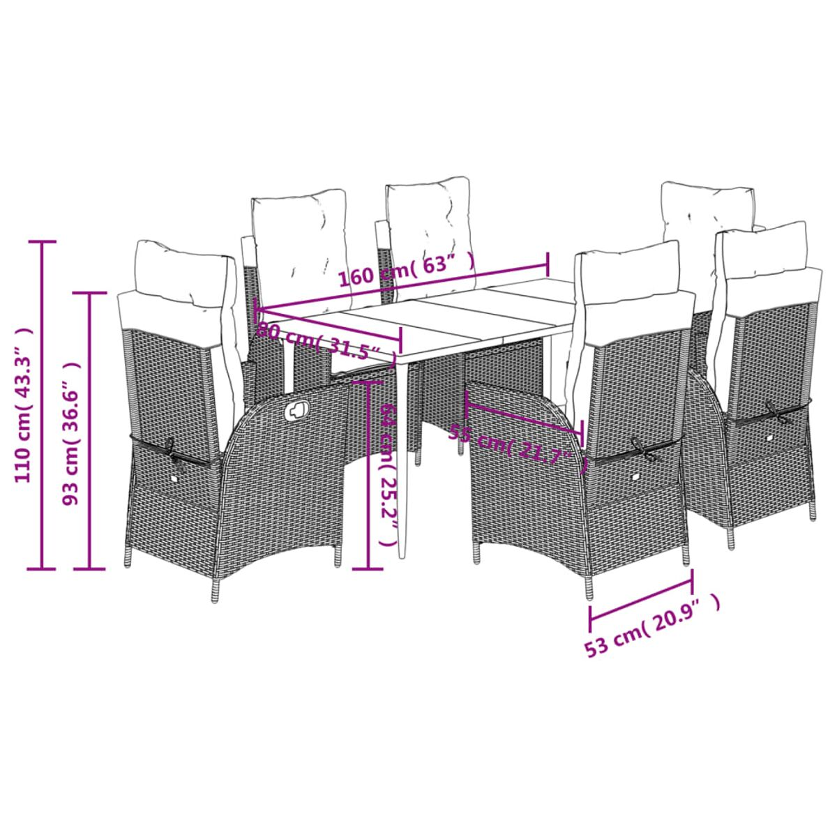 Set da pranzo da esterno in vimini. Tavolo e sedie con cuscini. Misure del set visibili.