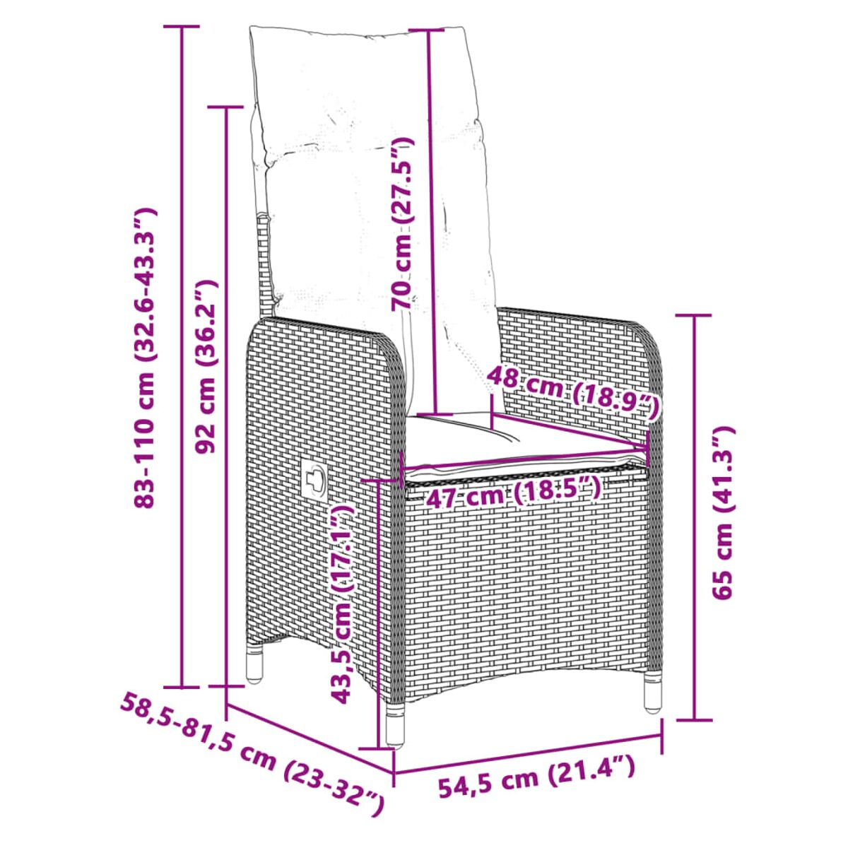 Diagramm eines Korbstuhls mit Abmessungen, einschließlich Höhe und Breite.