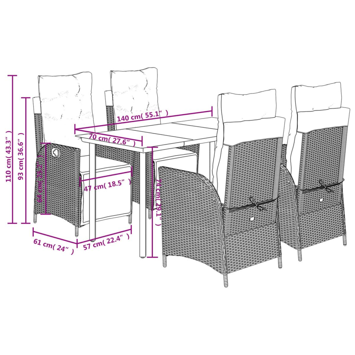 Diagramma di un set da pranzo all'aperto, tra cui un tavolo e quattro sedie, con dimensioni in cm e pollici.