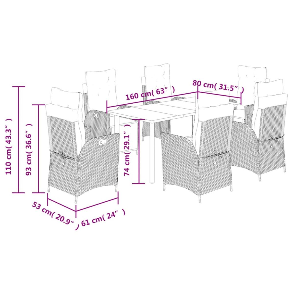 Set von Esszimmermöbeln für den Außenbereich. Ein rechteckiger Tisch und 8 Korbstühle mit Kissen sind sichtbar, Abmessungen werden angezeigt.