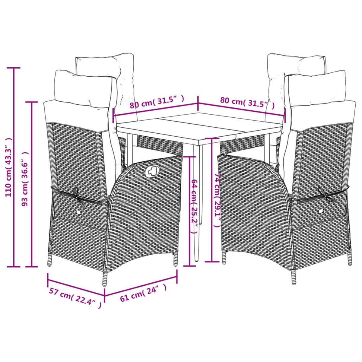 Set da pranzo con tavolo, sedie e cuscini. Le dimensioni sono incluse.