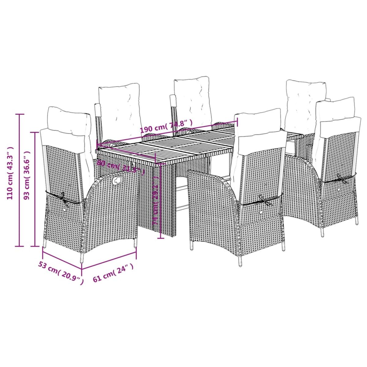 Set da pranzo all'aperto con un tavolo e otto sedie. Le dimensioni sono incluse.