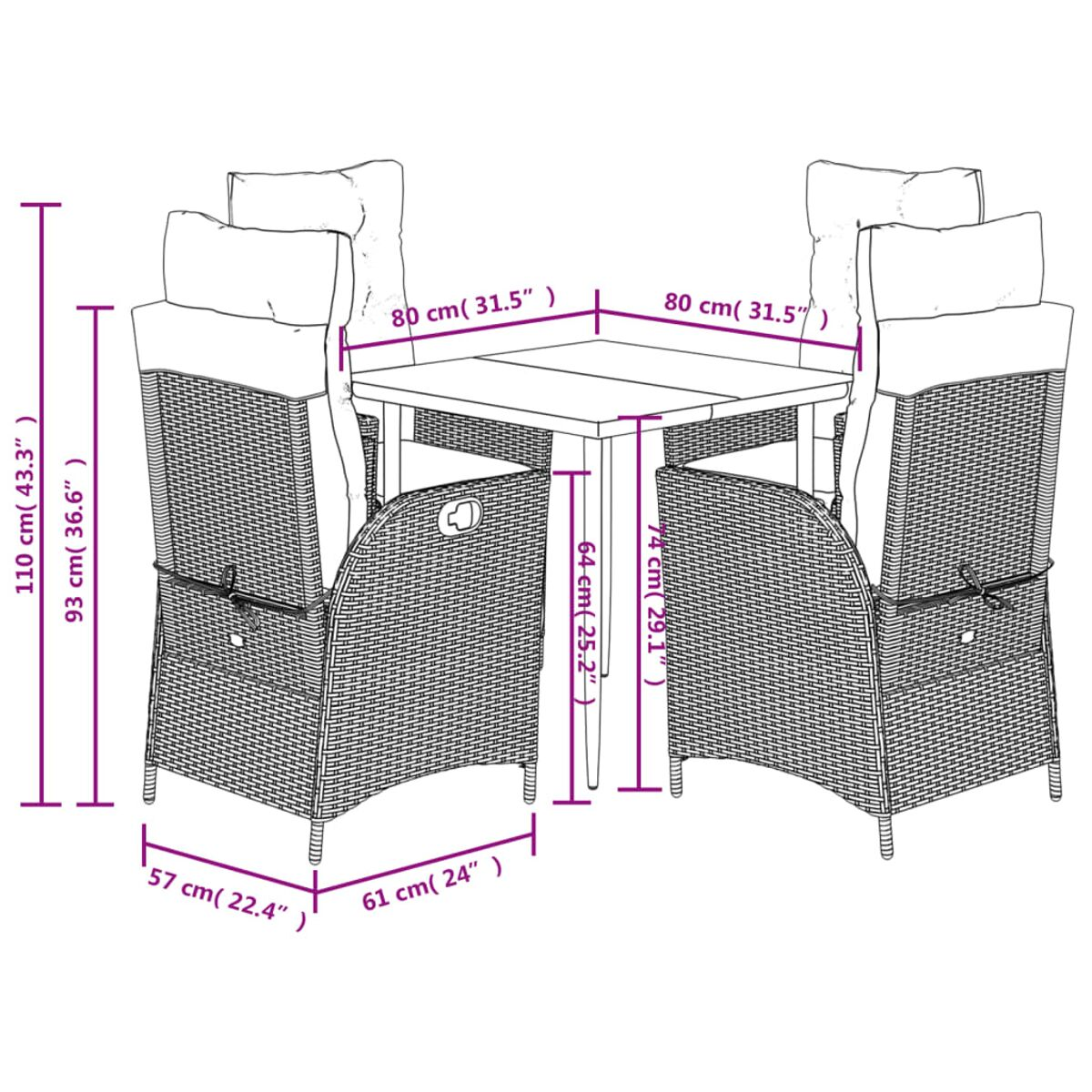 Set da pranzo per esterni. Quattro sedie e un tavolo sono mostrati con le dimensioni.