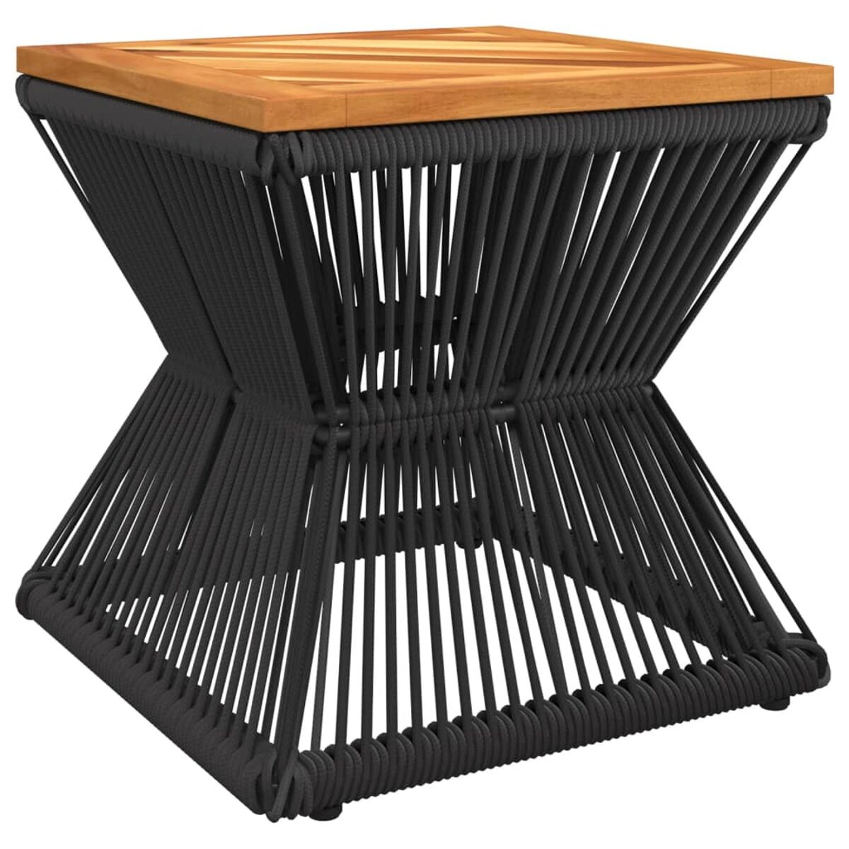 Ein kleiner schwarzer Tisch mit einer Holzplatte. Der Tisch besteht aus schwarzem Seil.